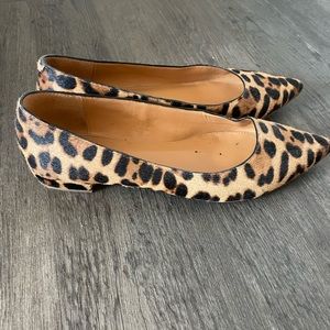 J Crew leopard print, pointed toe flat with slight heel. Size 8.